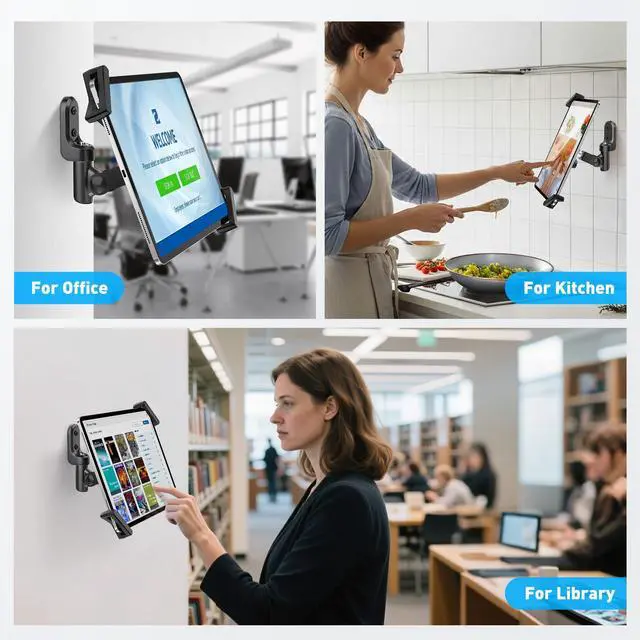 Alt view image 2 of 5 - AboveTEK Tablet Wall Mount Holder, 360° Rotation iPad Wall Mount with Anti-Theft Lock & Key, Fits 7.9"14.6" Tablets, Premium Steel & Zinc Alloy Secure Wall Mounted Tablet Holder