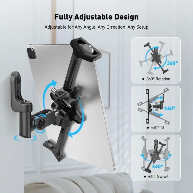 Alt view image 4 of 5 - AboveTEK Tablet Wall Mount Holder, 360° Rotation iPad Wall Mount with Anti-Theft Lock & Key, Fits 7.9"14.6" Tablets, Premium Steel & Zinc Alloy Secure Wall Mounted Tablet Holder