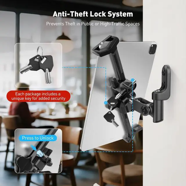Alt view image 5 of 5 - AboveTEK Tablet Wall Mount Holder, 360° Rotation iPad Wall Mount with Anti-Theft Lock & Key, Fits 7.9"14.6" Tablets, Premium Steel & Zinc Alloy Secure Wall Mounted Tablet Holder