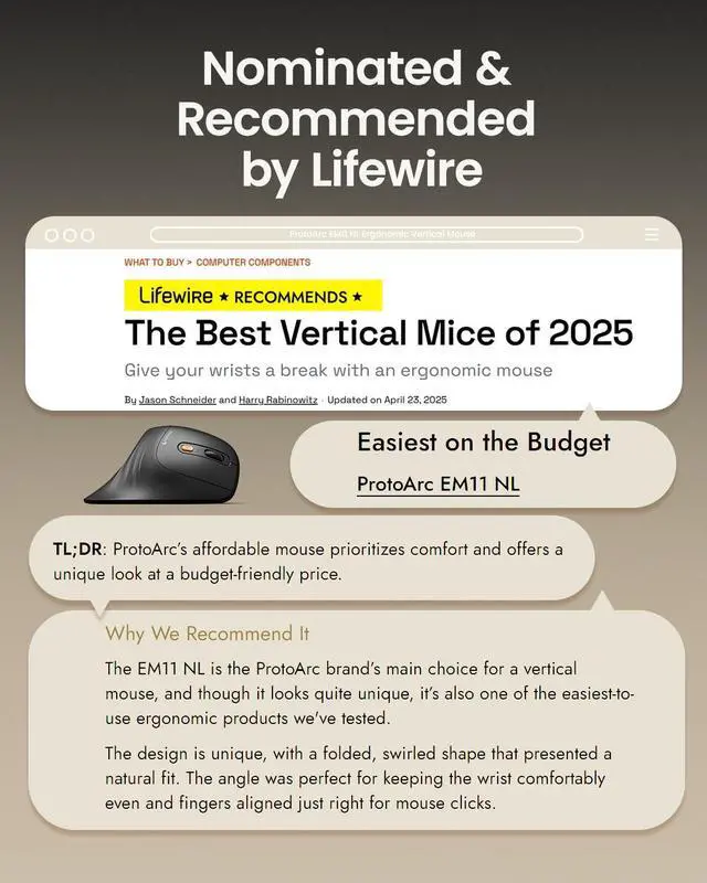 Alt view image 5 of 5 - ProtoArc Ergonomic Mouse, EM11 NL Bluetooth Rechargeable Wireless Vertical Mouse, 3 Multi-Device Connectivity for Computer/PC/Laptop, 2.4GHz Optical Mice for Windows, Mac OS, Black
