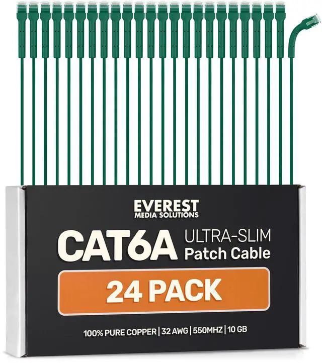 Main image of Everest Ultra Slim Cat6a Ethernet Patch Cables 6ft (24-Pack) Green - 10GB Cat 6a Patch Cable - Bendable, Flexible & Thin Ethernet Cable - Space Saving 32AWG 550MHZ Cat6a Cables - 100% Copper Wires