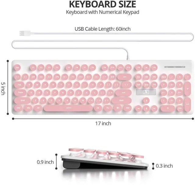 Alt view image 2 of 5 - Fogruaden Wired Retro Typewriter Keyboard, Quiet Full Size Membrane Keyboard Light Up, Pink Cute Computer Keyboards, 104 Round Keys, White LED Backlit, Slim, Silent for Windows PC, Laptop