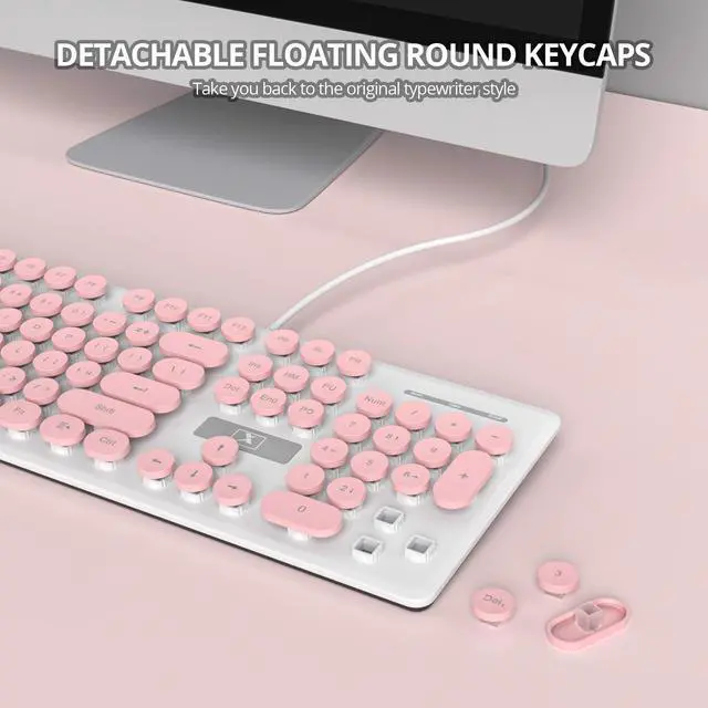 Alt view image 3 of 5 - Fogruaden Wired Retro Typewriter Keyboard, Quiet Full Size Membrane Keyboard Light Up, Pink Cute Computer Keyboards, 104 Round Keys, White LED Backlit, Slim, Silent for Windows PC, Laptop