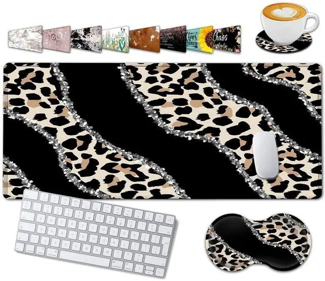 Main image of Large Gaming Mouse Pad, 31.5x11.8 in Extended Computer Mouse Mat with Non-Slip PU Base, Ergonomic Memory Foam Keyboard Wrist Rest, for Work & Gaming, Office Desk Pad Leopard Black Writing Pad
