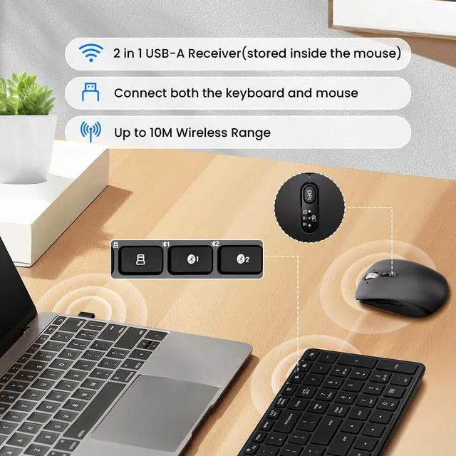 Alt view image 5 of 5 - Wireless Bluetooth Keyboard and Mouse Combo (USB + Dual BT), Multi-Device Slim Keyboard and Mouse Set Compatible for Windows, Mac,PC Laptop iPad Tablet - QWERTY