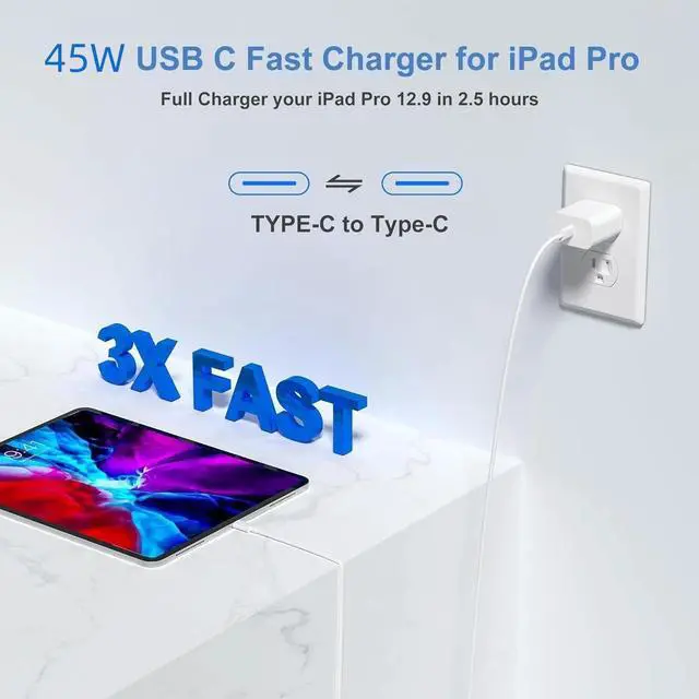 Alt view image 3 of 5 - 45W USB C Fast Charger for iPad Pro 13(M4)/iPad Pro 12.9/11 in 2025-2018,iPad Air M3/M2/5th/4th,iPad 11th A16/10th/Mini 7/Mini 6th,iPad Charger Fast Charging Charger Block with 10/6FT C to C Cable