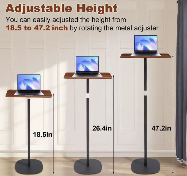 Alt view image 2 of 5 - tonchean Portable Height Adjustable Laptop Floor Stand (18-47") | Mobile Small Standing Desk for Home/Office/Classroom | Bedside Sofa Workstation with Wooden Top & Easy Assembly, Black