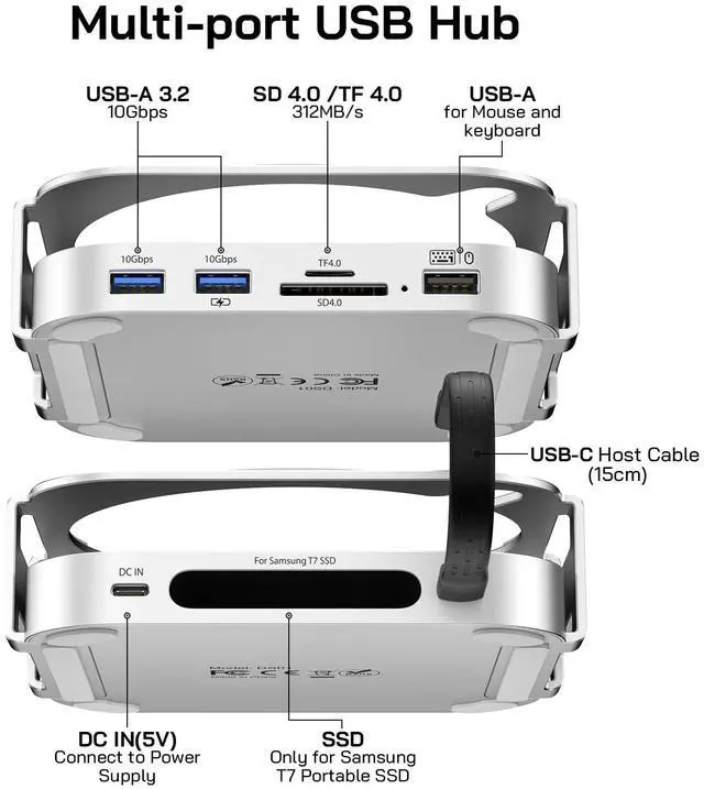 Alt view image 2 of 5 - M-ac Mini M4 Dock with 4TB Sam-Sung T7 Portable SSD Enclosure(SSD NOT Included), 7-in-1 Aluminum Hub & Stand for Mac mini M4 and M4 Pro 2024, 10Gbps USB A 3.2, 15CM USB C Cable, SD/TF 4.0 Card Reader