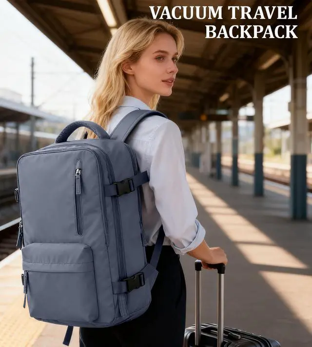 Alt view image 2 of 5 - Travel Backpack for Men Women, 40L Carry On Backpacks with Pump Vacuum Compression System, Built-in USB Charger Port, Laptop Compartment 15.6 Inch, Flight Approved Business Back Pack,Grey Blue