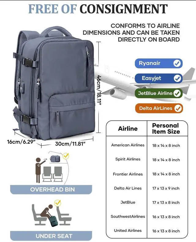 Alt view image 5 of 5 - Travel Backpack for Men Women, 40L Carry On Backpacks with Pump Vacuum Compression System, Built-in USB Charger Port, Laptop Compartment 15.6 Inch, Flight Approved Business Back Pack,Grey Blue