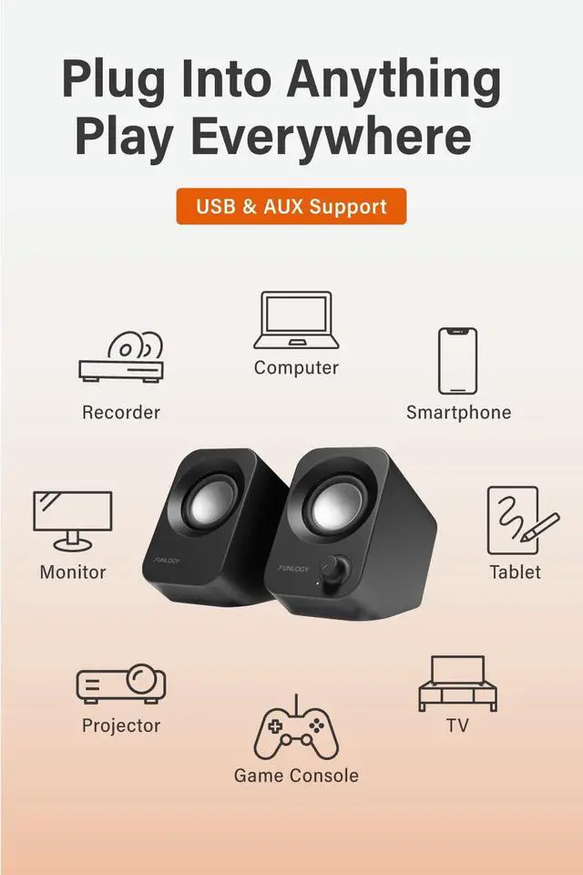 Alt view image 4 of 5 - FUNLOGY Speaker - 14W Stereo PC Speakers, USB Powered, Compact Size with 30° Tilt Design, Volume Dial Control, for Desktop, Laptop, Monitor, Gaming Consoles, Black