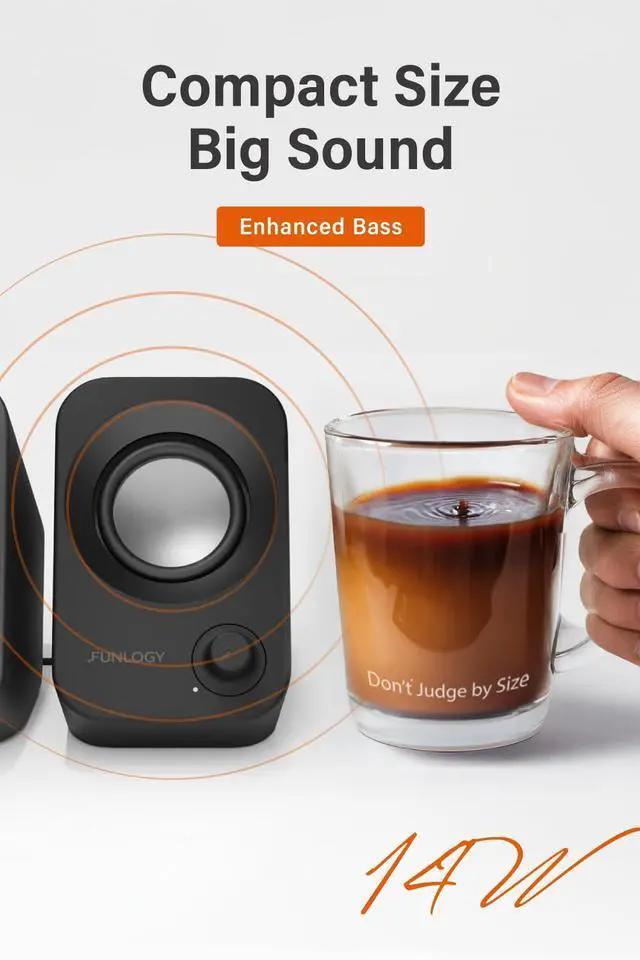 Alt view image 3 of 5 - FUNLOGY Speaker - 14W Stereo PC Speakers, USB Powered, Compact Size with 30° Tilt Design, Volume Dial Control, for Desktop, Laptop, Monitor, Gaming Consoles, Black
