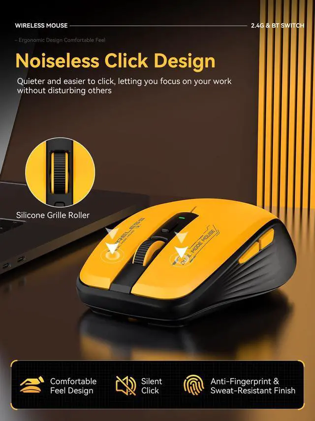 Alt view image 4 of 5 - Bluetooth Mouse, Bluetooth 5.1 + 2.4GHz USB + USB-C Dongle, Wireless Mouse Tri-Mode, with Forward/Backward Side Keys, Silent Click, Side Buttons, Portable for Laptop, Mac, iPad (Yellow Black)