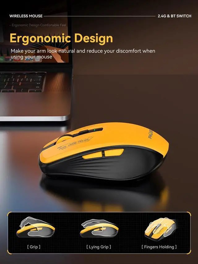 Alt view image 5 of 5 - Bluetooth Mouse, Bluetooth 5.1 + 2.4GHz USB + USB-C Dongle, Wireless Mouse Tri-Mode, with Forward/Backward Side Keys, Silent Click, Side Buttons, Portable for Laptop, Mac, iPad (Yellow Black)