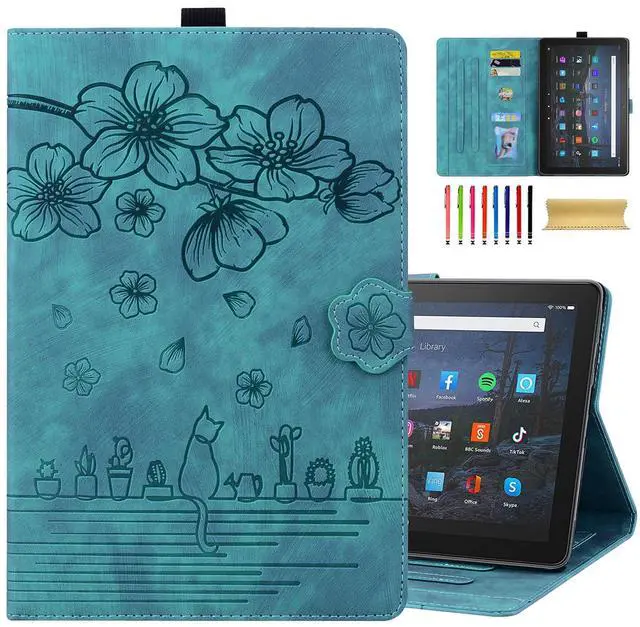Main image of Dteck Case for All-New  Kindle Fire HD 10 & 10 Plus Tablet (13th/11th Generation, 2023/2021 Release) 10.1", Premium PU Leather Embossed Flower Folio Stand Case Cover with Pencil Holder, Green