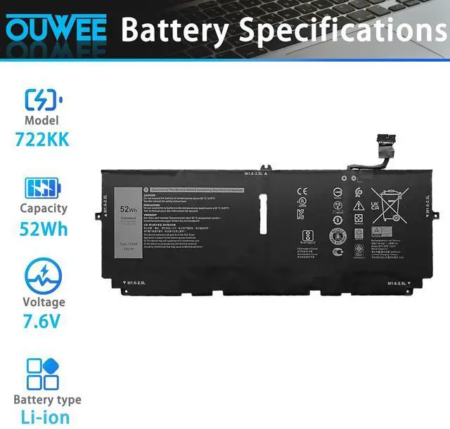 Alt view image 2 of 5 - OUWEE 722KK Laptop Battery Compatible with Dell XPS 13 9300 (2020) XPS 13 9310 (2020) XPS 13 9380 (2020) Series P117G P117G002 P117G001 0WN0N0 WN0N0 02XXFW 2XXFW FP86V 52Wh 6800mAh 7.6V