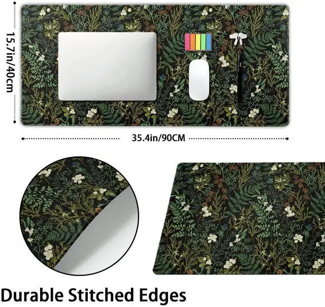 Alt view image 2 of 5 - Black Aesthetic Vintage Botanical Gaming Mouse Pad XXL Cute Forest Green Plant Nature Floral Extended Large Mouse Pad Big Mousepad Non-Slip Stitched Edge Long Mat for Desk Office Computer,35.4x15.7 in