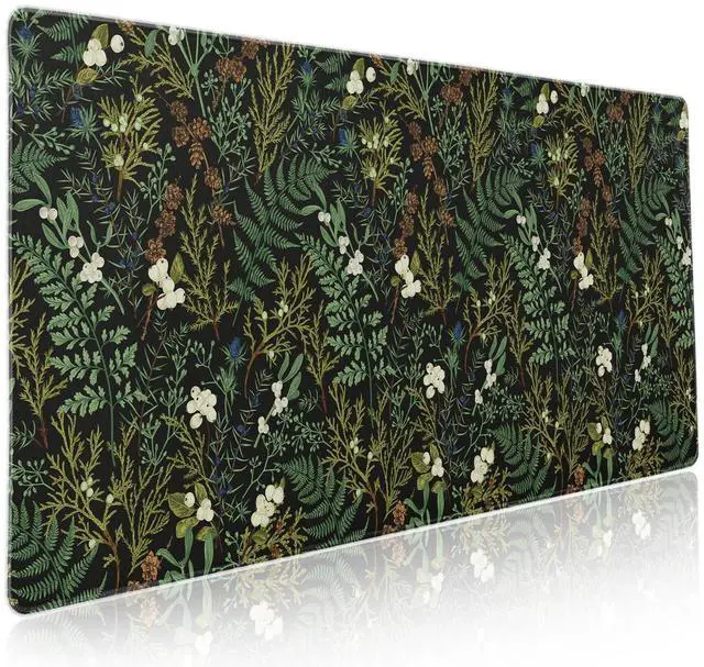 Main image of Black Aesthetic Vintage Botanical Gaming Mouse Pad XXL Cute Forest Green Plant Nature Floral Extended Large Mouse Pad Big Mousepad Non-Slip Stitched Edge Long Mat for Desk Office Computer,35.4x15.7 in