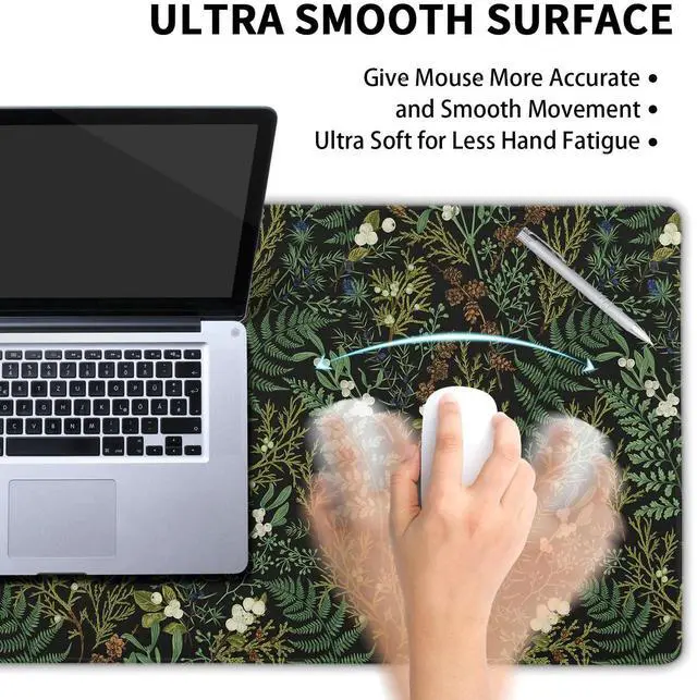 Alt view image 4 of 5 - Black Aesthetic Vintage Botanical Gaming Mouse Pad XXL Cute Forest Green Plant Nature Floral Extended Large Mouse Pad Big Mousepad Non-Slip Stitched Edge Long Mat for Desk Office Computer,35.4x15.7 in