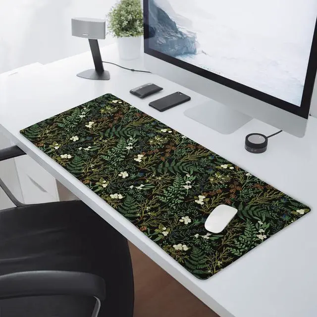 Alt view image 5 of 5 - Black Aesthetic Vintage Botanical Gaming Mouse Pad XXL Cute Forest Green Plant Nature Floral Extended Large Mouse Pad Big Mousepad Non-Slip Stitched Edge Long Mat for Desk Office Computer,35.4x15.7 in