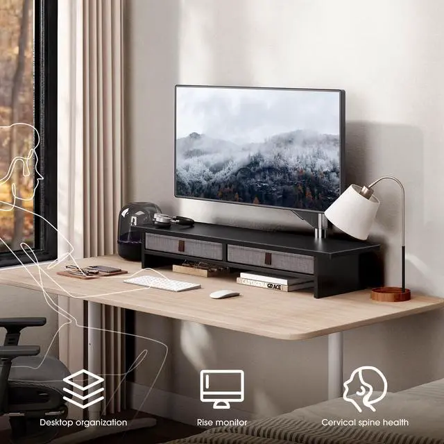 Alt view image 2 of 5 - Fenge Monitor Stand with Drawer, 2 Tiers Dual Monitor Riser for Desk, 35 Inch Computer Stand for 2 Monitors, Desk Shelf for Home, Office, Laptop, PC, TV, Printer