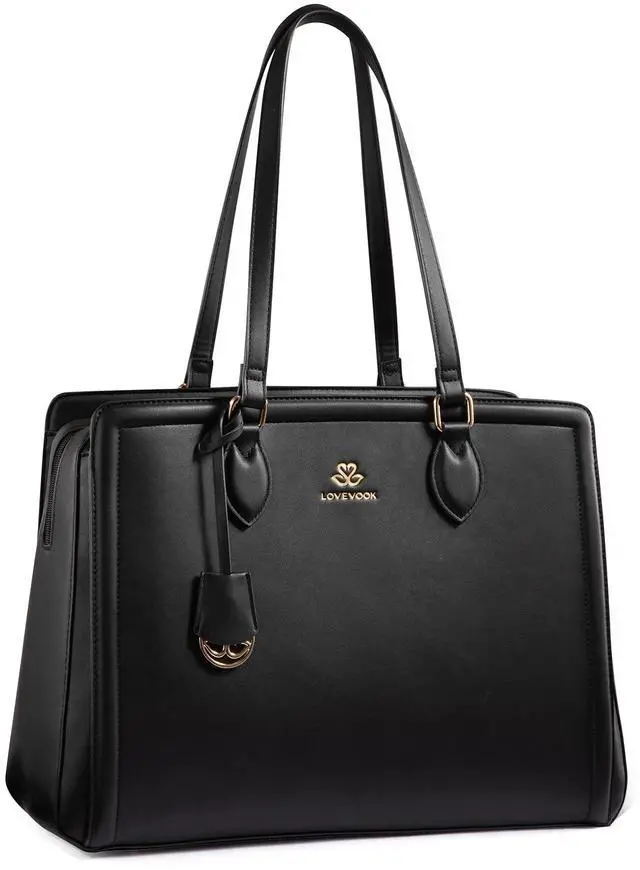 Main image of LOVEVOOK Laptop Tote Bag for Women,15.6 Inch Waterproof PU Leather Work Bag, Professional Computer Bags Business Office Work Briefcase Handbag Purse Shoulder, Office Gifts for Women, Black