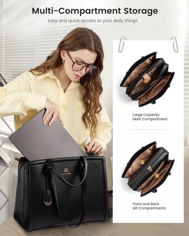 Alt view image 3 of 4 - LOVEVOOK Laptop Tote Bag for Women,15.6 Inch Waterproof PU Leather Work Bag, Professional Computer Bags Business Office Work Briefcase Handbag Purse Shoulder, Office Gifts for Women, Black