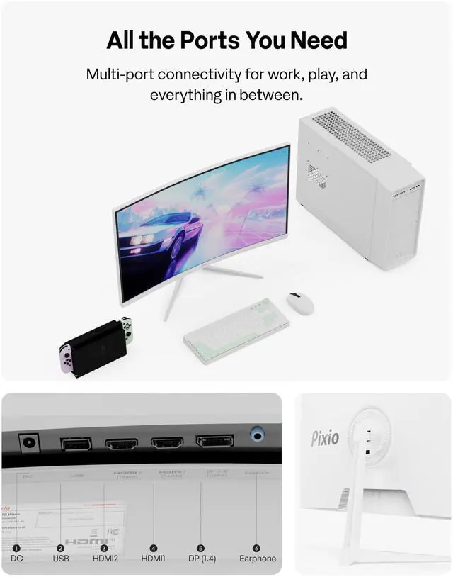 Alt view image 5 of 5 - Pixio PXC278 Wave White 27 inch 180Hz Refresh Rate QHD 1440p Resolution 1650R Curved Fast VA Panel 1ms GTG Response Time Adaptive Sync HDR Curved Gaming Monitor