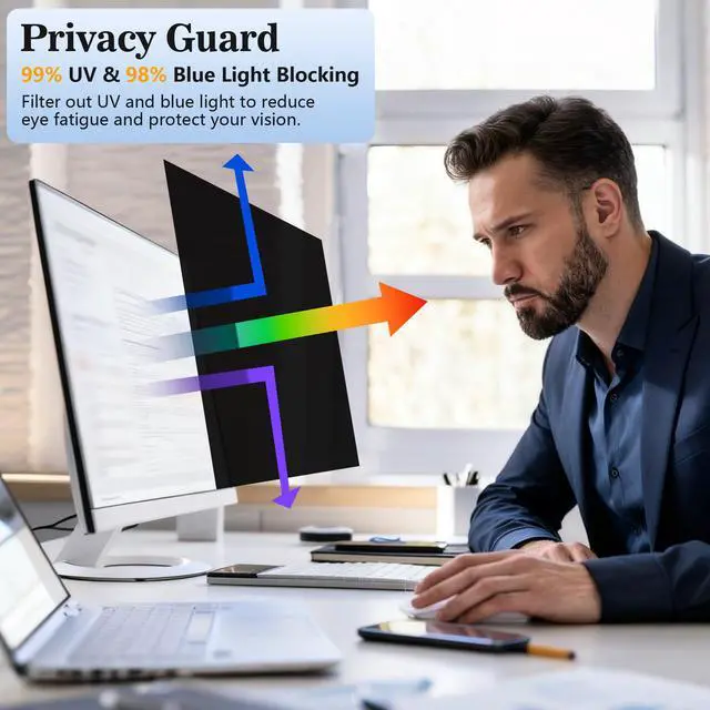 Alt view image 4 of 5 - 34 Inch Curved Privacy Screen for Computer Monitor 21:9 Aspect Ratio, Anti Glare Blue Light Blocking Shield, Removable Eye Protector Filter - W x H: 31 1/4" x 13 3/8" (794mm x 340mm)