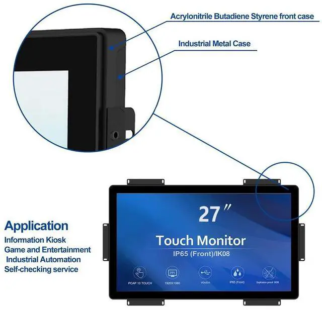 Alt view image 2 of 5 - GreenTouch 27 inch 10 Points PCAP Open Frame Touch Screen LCD Display Monitors HDMI+VGA+DVI 1920x1080 Black