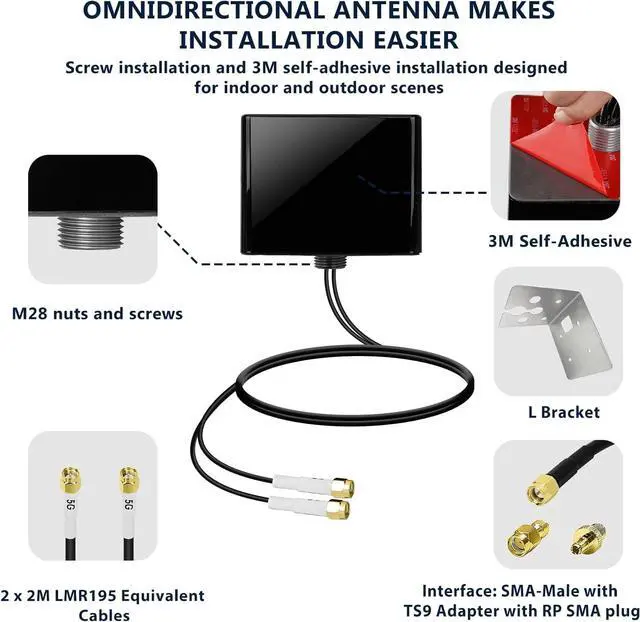 Alt view image 5 of 5 - Maswell 2X2 MIMO External Antenna 4G LTE 5G, Up to 6dBi, 600-8000MHz Cellular Omni Directional External Antenna, Cross Polarized for Routers & Gateways for T-Mobile Verizon AT&T
