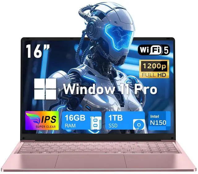 Main image of NIAKUN 16 Inch Laptop Computer, Gaming Laptop 2025, 16GB RAM 1TB SSD, N150 Processor(Up to 3.6GHz), FHD 1920 * 1200, 180° Open, Backlit, BT4 WIFI5, Win11 Pro, 6000mAh/46.2Wh, Gold Pink