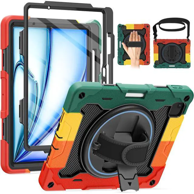 Main image of ROSROME for Air 11 inch Case M3 2025 / M2 2024, Air 7th/6th Generation-with HD Screen Protector, 360 Rotating Kickstand/Hand Strap, Shoulder Strap, Pen Holder, Heavy Duty Military Grade- Kids Friendly