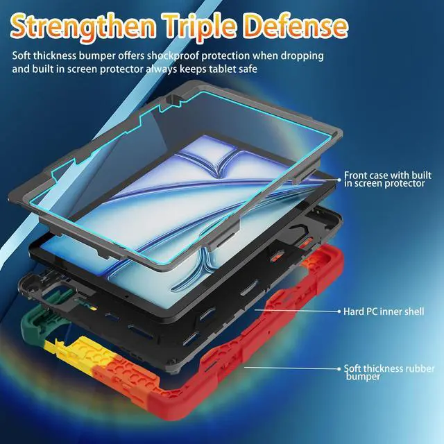 Alt view image 2 of 5 - ROSROME for Air 11 inch Case M3 2025 / M2 2024, Air 7th/6th Generation-with HD Screen Protector, 360 Rotating Kickstand/Hand Strap, Shoulder Strap, Pen Holder, Heavy Duty Military Grade- Kids Friendly