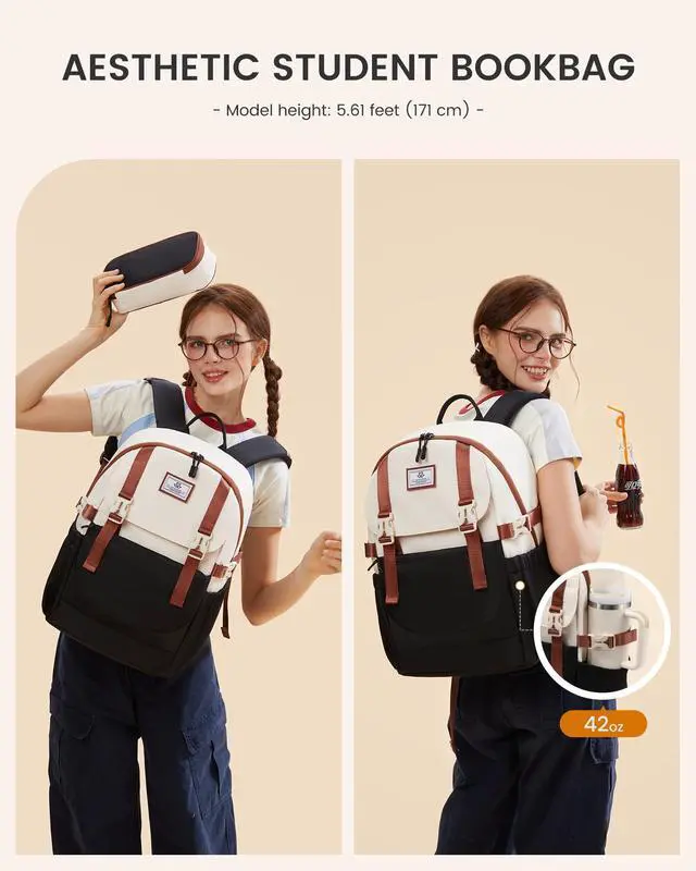 Alt view image 2 of 5 - LOVEVOOK School Backpack for Teen Girls, Waterproof Travel College Bookbag for Middle High School with Large Cup Holder & Pencil Case, Fits 15.6'' Laptop, Cute Aesthetic Kids Student Backpack