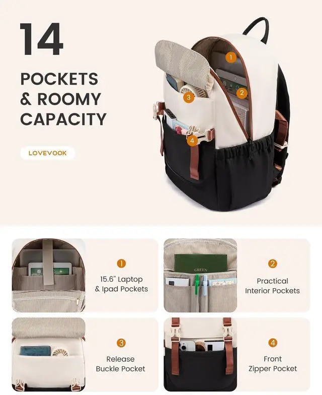 Alt view image 3 of 5 - LOVEVOOK School Backpack for Teen Girls, Waterproof Travel College Bookbag for Middle High School with Large Cup Holder & Pencil Case, Fits 15.6'' Laptop, Cute Aesthetic Kids Student Backpack