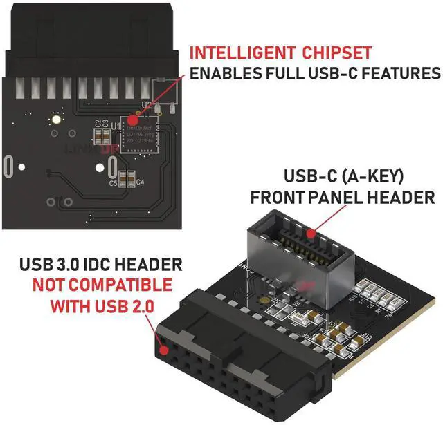 Alt view image 2 of 4 - LINKUP - [Active Chip] USB 3.0 (3.2 Gen 1) Internal IDC 20 Pin Motherboard Header to A-Key (Type-E) 20 Pin Female Converter for Type C Panel Mount Adapter