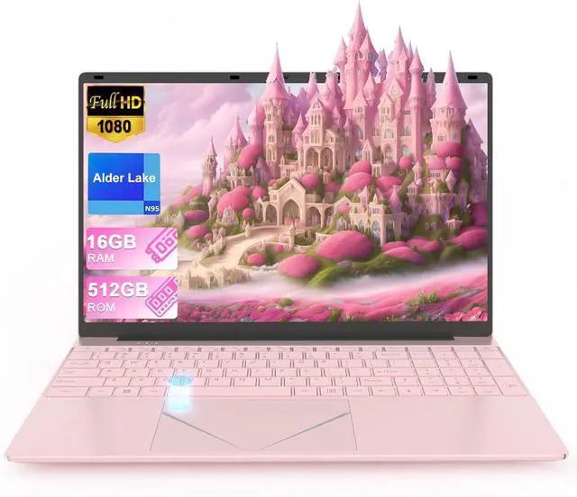 Main image of 15.6 inch Pink Laptop Computer, Alder Lake Quad Core N95 CPU Laptop, 16GB DDR4 512GB SSD Portable Laptop PC with Fingerprint Unlock, FHD IPS Display, Color Backlit KB, WiFi5 Bluetooth 4.2,HDMI, USB3.0