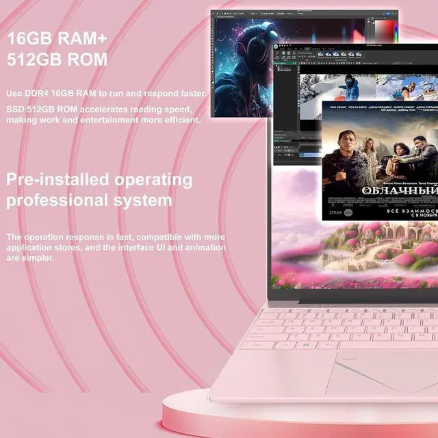 Alt view image 3 of 5 - 15.6 inch Pink Laptop Computer, Alder Lake Quad Core N95 CPU Laptop, 16GB DDR4 512GB SSD Portable Laptop PC with Fingerprint Unlock, FHD IPS Display, Color Backlit KB, WiFi5 Bluetooth 4.2,HDMI, USB3.0