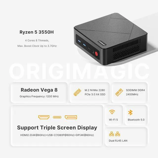 Alt view image 2 of 5 - origimagic C4 Dual Nic Mini PC Ryzen 5 3550H(Upgraded N150), 16GB RAM 512GB SSD Powerful Mini Computers, Triple Display(HDMI/DP/USB-C), WiFi 5/BT5.0, Versatile Home/Office PC Mini