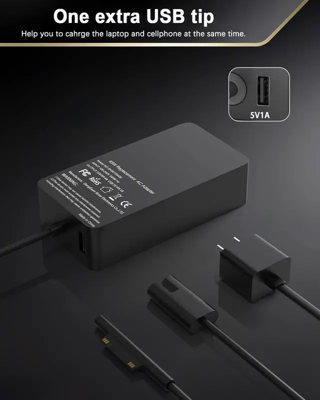 Alt view image 5 of 5 - 65W Surface Pro Charger,Compatible with Microsoft Surface Pro 3/4/ 5/6/7/8/9/10/11/X, Surface Laptop 1/2/3/4/5/6/7 Surface Book 1/2 Surface Go 1/2/3