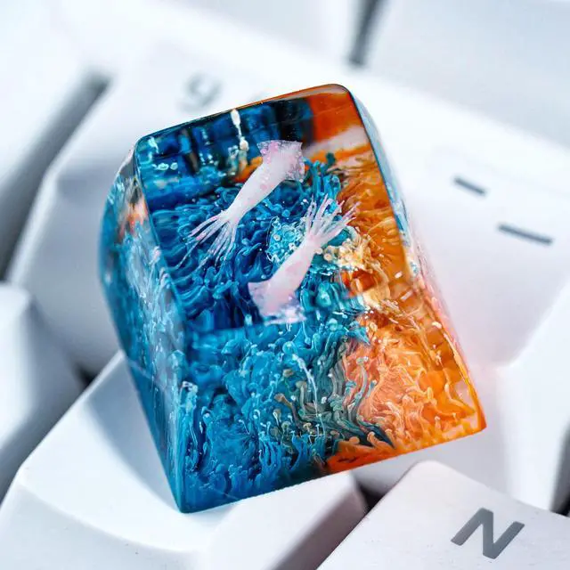 Alt view image 2 of 5 - Couple Squids in Teal Orange Coral Artisan Keycap R1 SA Profile Custom Sea Creatures Keycaps 1U ESC Handmade Gaming Resin Key Cap Cherry MX Switch Compatible Mechanical Keyboard Sea Ocean Lover Gift