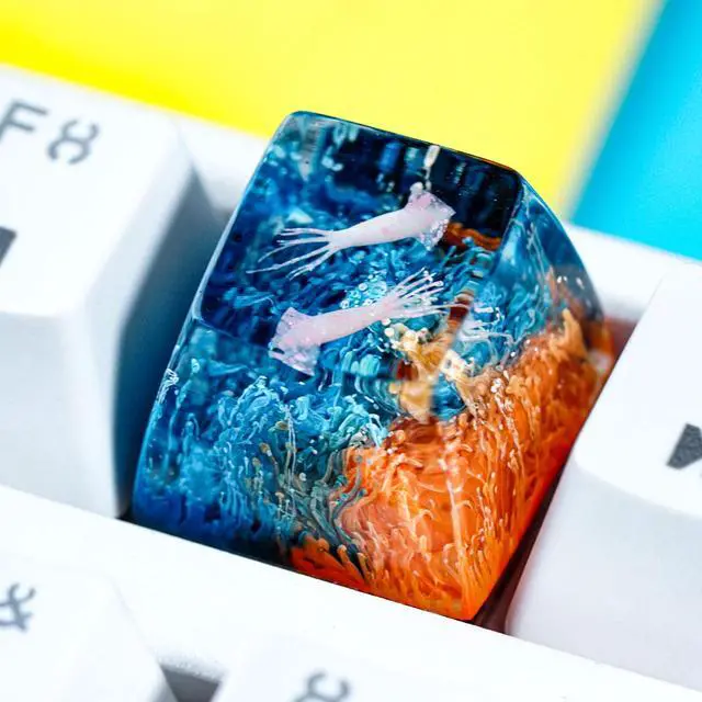 Alt view image 3 of 5 - Couple Squids in Teal Orange Coral Artisan Keycap R1 SA Profile Custom Sea Creatures Keycaps 1U ESC Handmade Gaming Resin Key Cap Cherry MX Switch Compatible Mechanical Keyboard Sea Ocean Lover Gift