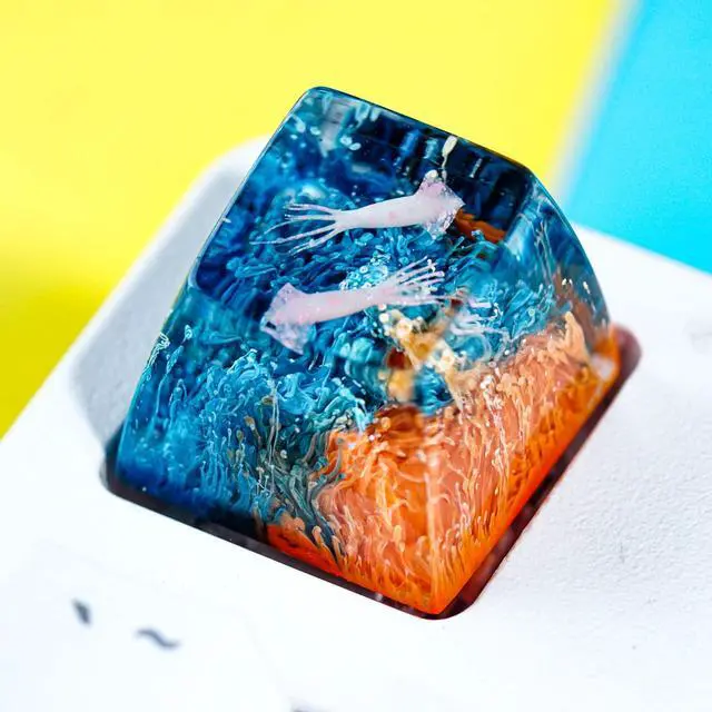 Main image of Couple Squids in Teal Orange Coral Artisan Keycap R1 SA Profile Custom Sea Creatures Keycaps 1U ESC Handmade Gaming Resin Key Cap Cherry MX Switch Compatible Mechanical Keyboard Sea Ocean Lover Gift