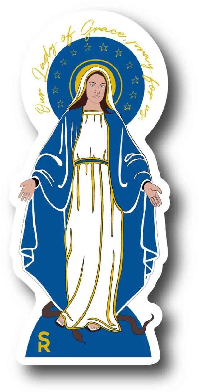 Alt view image 2 of 3 - Catholic Concepts | Our Lady of Grace 4 x 2.25 Vinyl Sticker Label Decal Waterproof Cool Accessory for Laptop, Hard Hats, Water Bottles, Scrapbooks, Folders, Cell Phone | 10-Pack