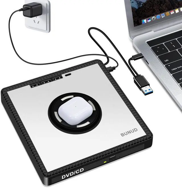 Main image of BUNUD External CD/DVD Drive for PC: DVD Burner with 15W Fast Wireless Charger for AirPods 4 3 2 Pro - External DVD Player for Laptop Mac Apple Windows with SD/TF/3 USB Ports