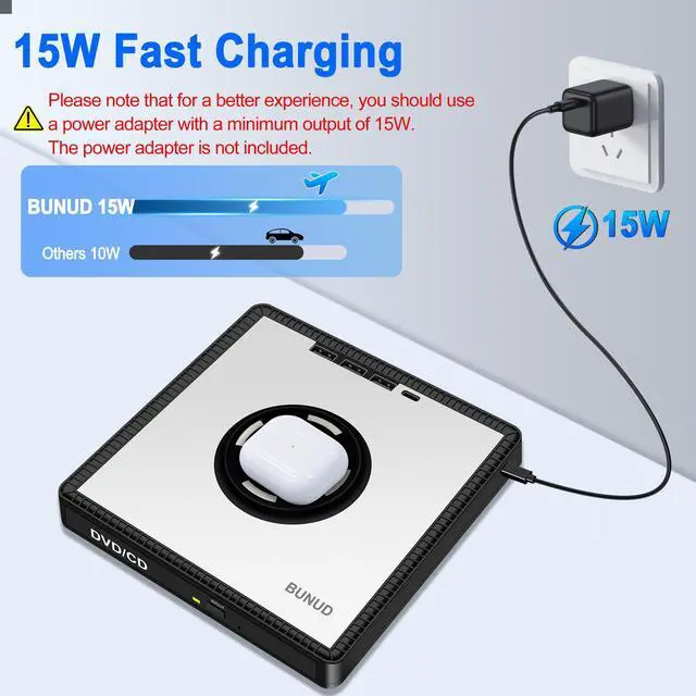 Alt view image 4 of 5 - BUNUD External CD/DVD Drive for PC: DVD Burner with 15W Fast Wireless Charger for AirPods 4 3 2 Pro - External DVD Player for Laptop Mac Apple Windows with SD/TF/3 USB Ports