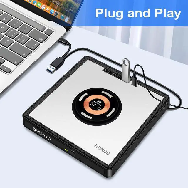 Alt view image 2 of 5 - BUNUD External CD/DVD Drive for PC: DVD Burner with 15W Fast Wireless Charger for AirPods 4 3 2 Pro - External DVD Player for Laptop Mac Apple Windows with SD/TF/3 USB Ports