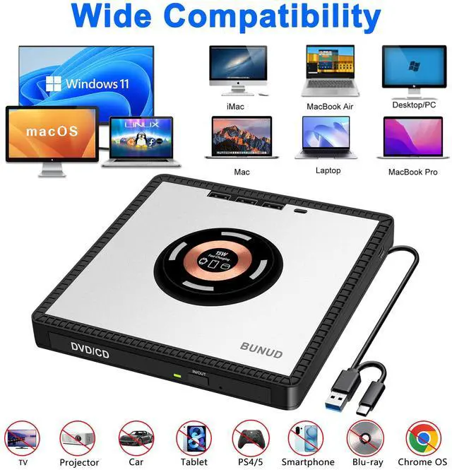 Alt view image 5 of 5 - BUNUD External CD/DVD Drive for PC: DVD Burner with 15W Fast Wireless Charger for AirPods 4 3 2 Pro - External DVD Player for Laptop Mac Apple Windows with SD/TF/3 USB Ports
