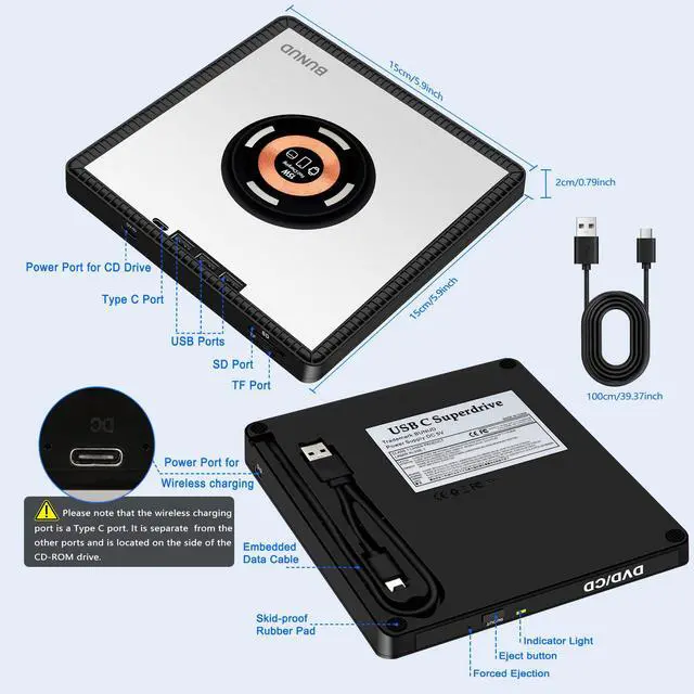 Alt view image 3 of 5 - BUNUD External CD/DVD Drive for PC: DVD Burner with 15W Fast Wireless Charger for AirPods 4 3 2 Pro - External DVD Player for Laptop Mac Apple Windows with SD/TF/3 USB Ports